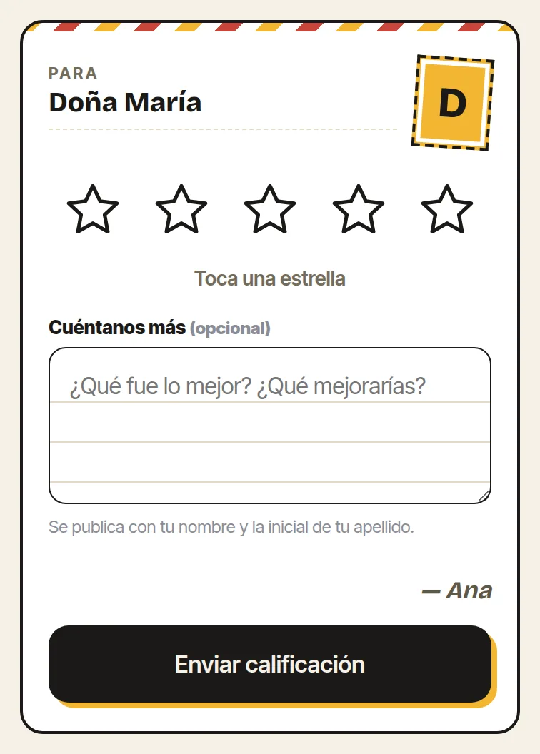 La reseña del cliente como postal: pantalla real de Veci