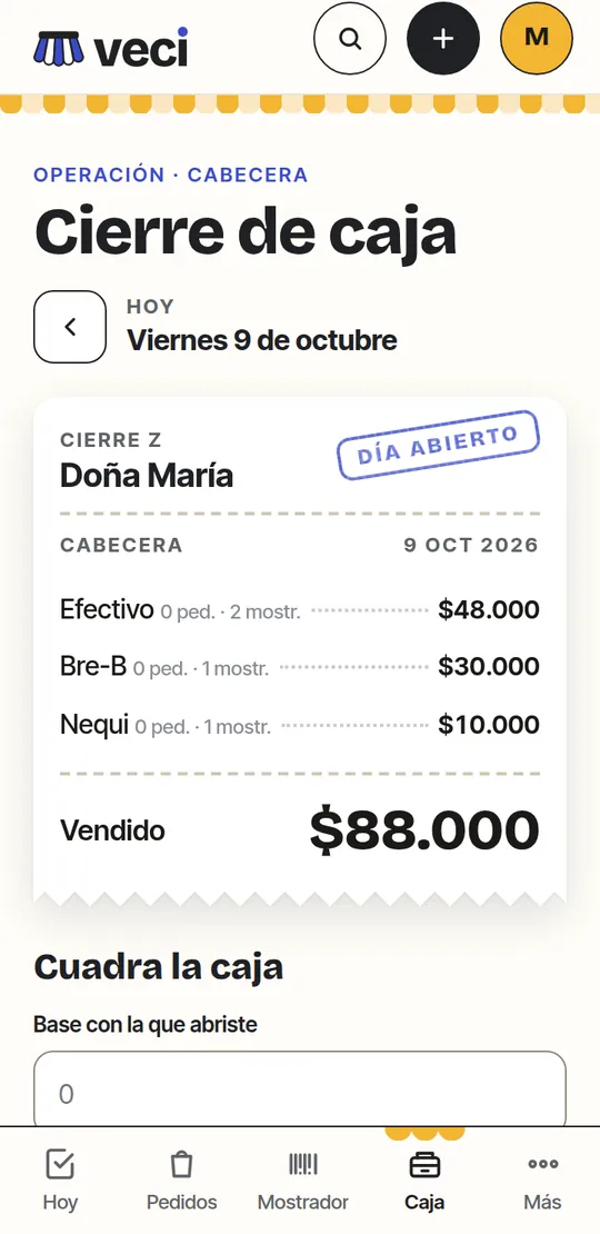 Cierre de caja del día en Veci con lo cobrado por método