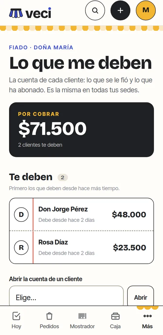 Lista de clientes con saldo pendiente en Veci