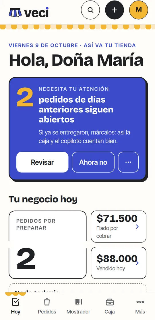Pantalla Hoy del panel de Veci con dos pedidos por confirmar y lo vendido en el día