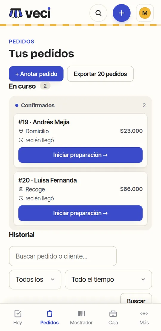 Pedidos de domicilio en curso en el panel de Veci